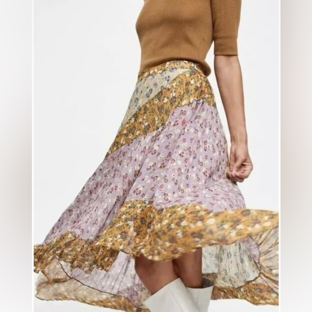 NWT Zara floral patchwork hi-lo flowy boho Gypsy skirt, size L